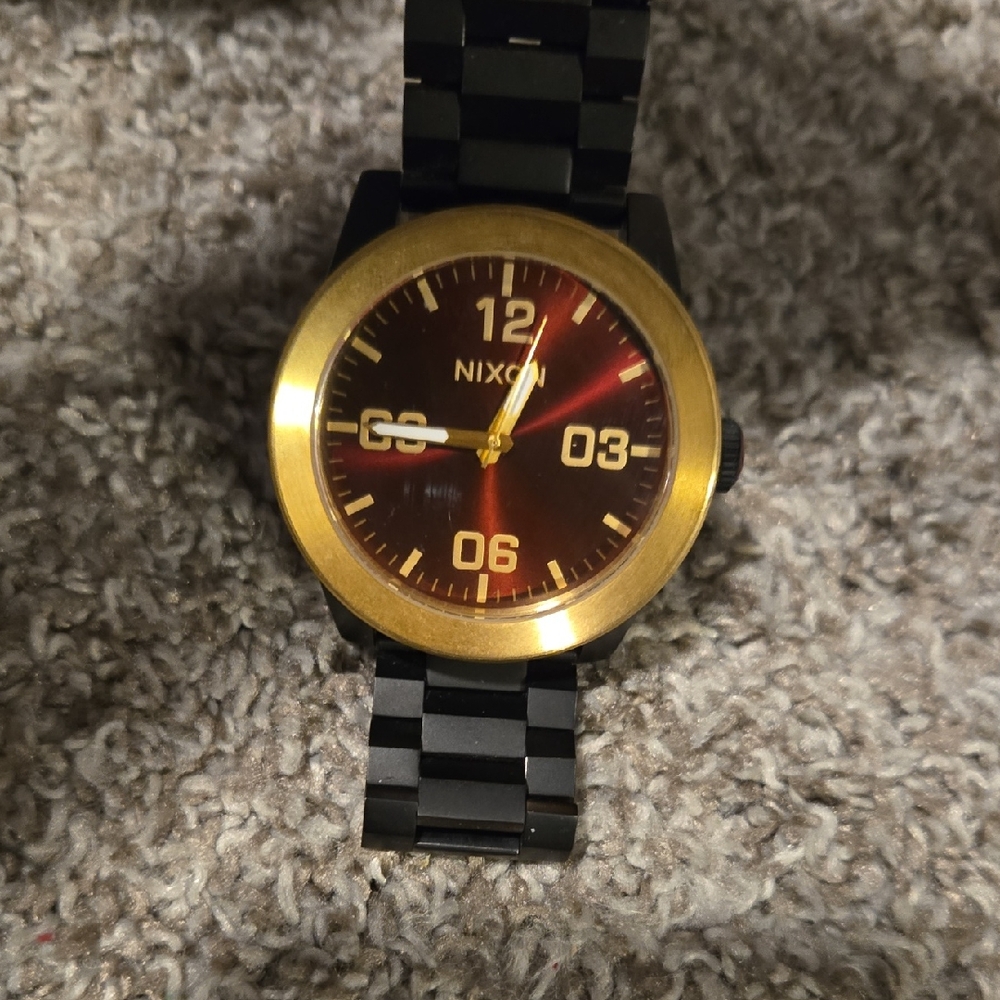 Nixon Corporal SS Matte Black Gold & Burgundy Watch With Box